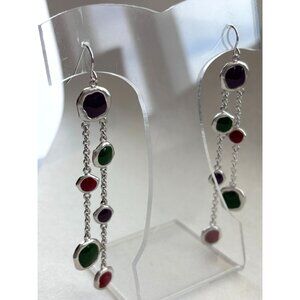 Silver Drop Earrings With Red Green & Purple Gemstone Accents